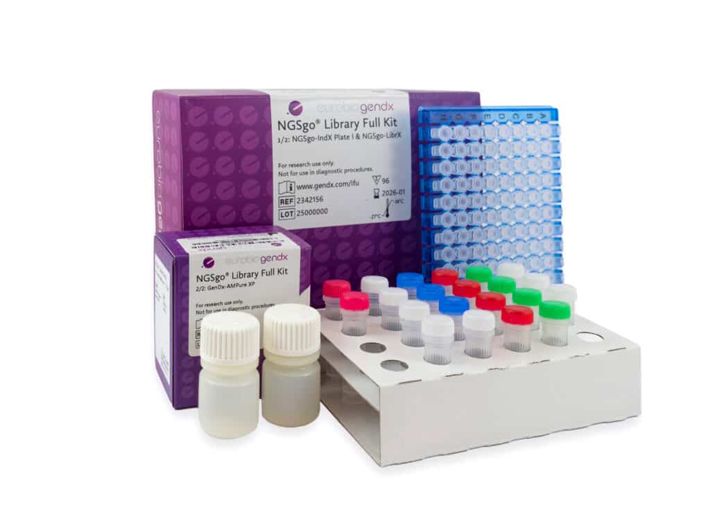 NGSgo Library Full Kit di GenDx con flaconi di reagenti, provette codificate a colori, piastra PCR e imballaggio per flussi di lavoro di preparazione delle librerie NGS